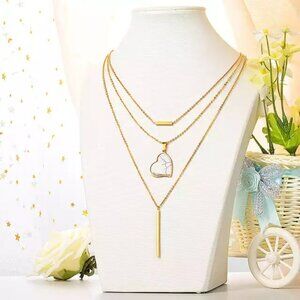 Triple Necklace and Heart Pendant Set | Stainless Steel | Gold Color